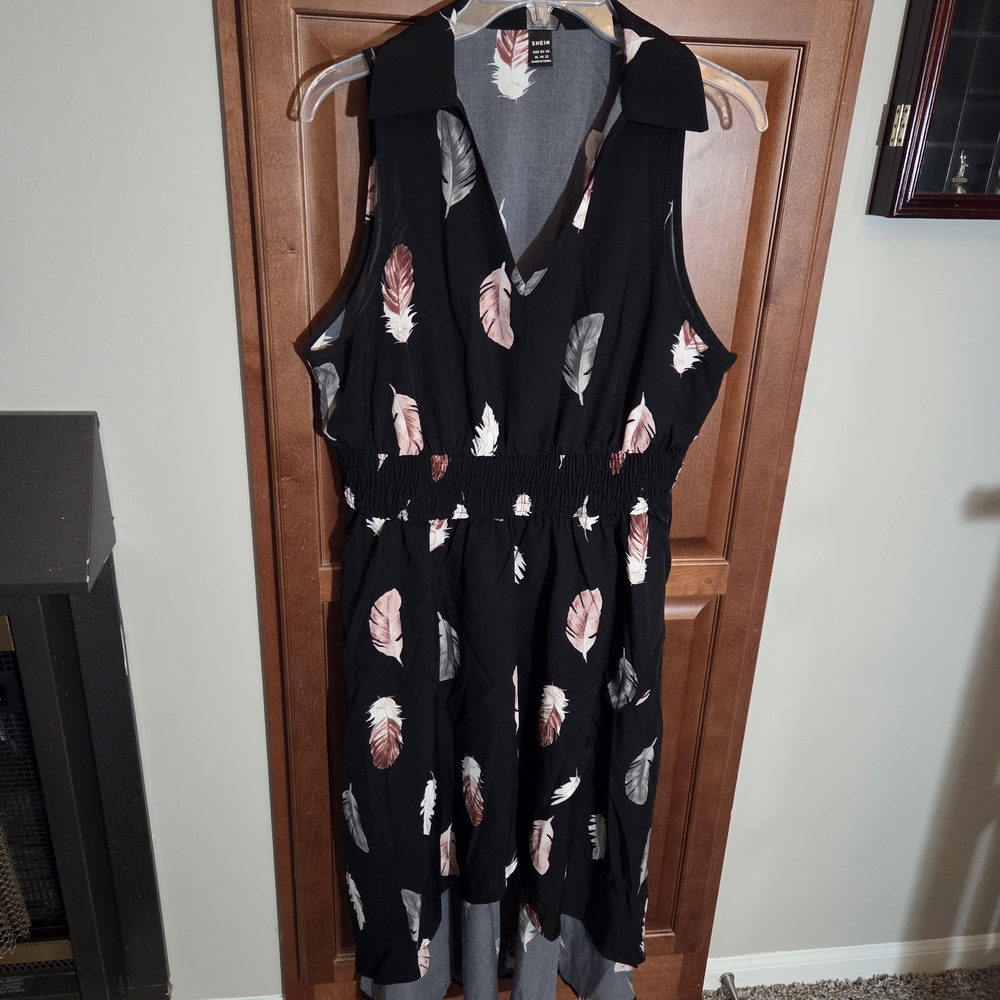 Black Feather Pattern High Low Dress